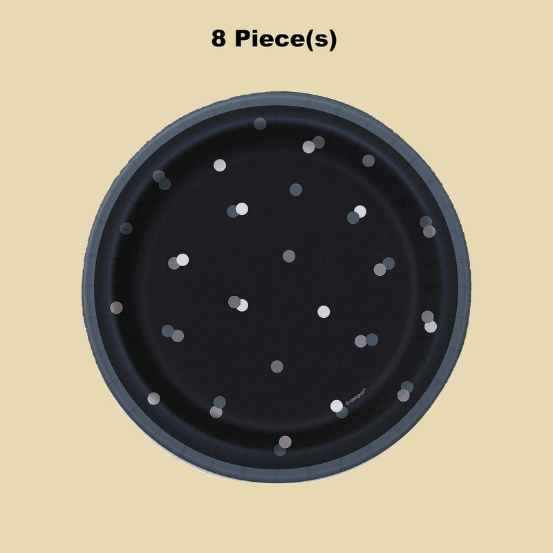 8 Count Glitz Party Disposable Black Dessert Plates with Silver Dots 6 3/4 Inch Elegant Party Supplies