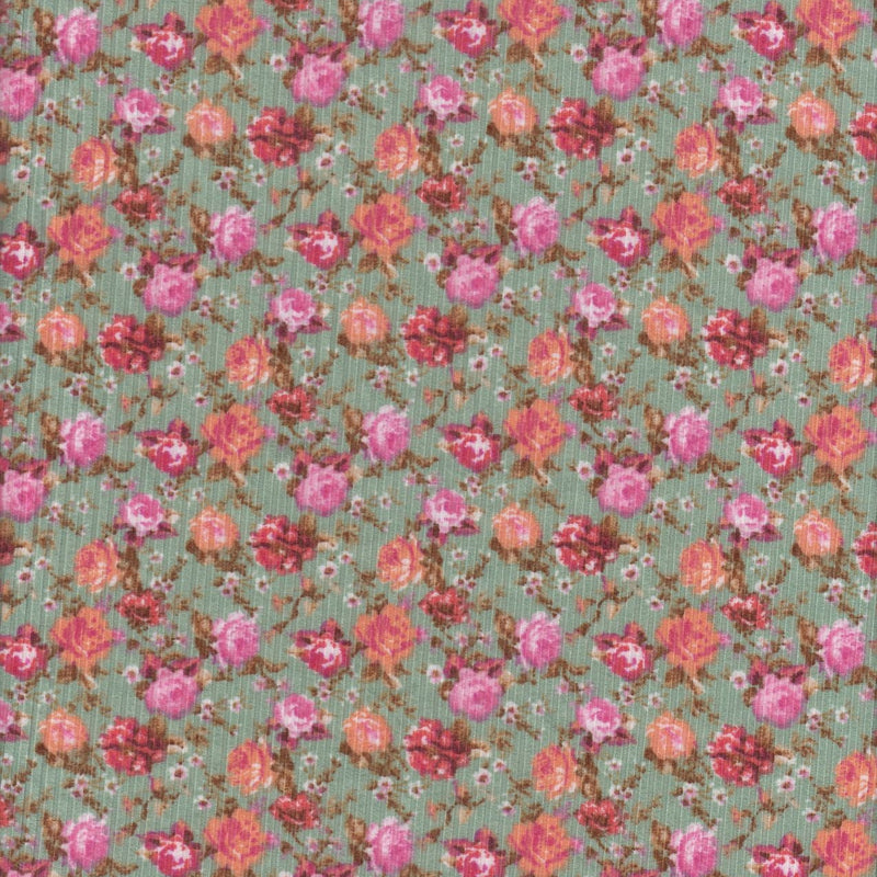 1 Yard Yummy Rib Ditsy Floral Knit Fabric 170 GSM, 58/60? Wide Polyester Spandex Blend Sage