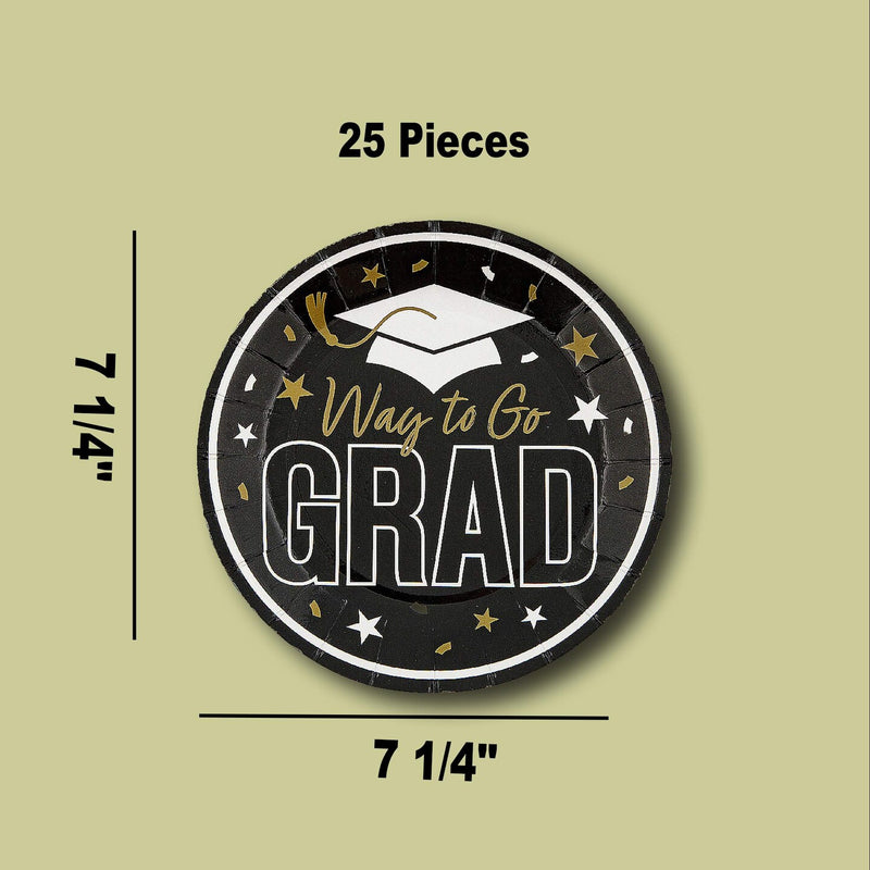 25 Count Black Way to Go Grad Disposable Paper Dessert Plates Graduation Party Supplies 7 1/4 Inch