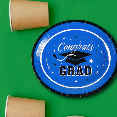 25 Count Betallic Blue Graduation Party Congrats Disposable Paper Banquet Plates 11 3/4" x 10"