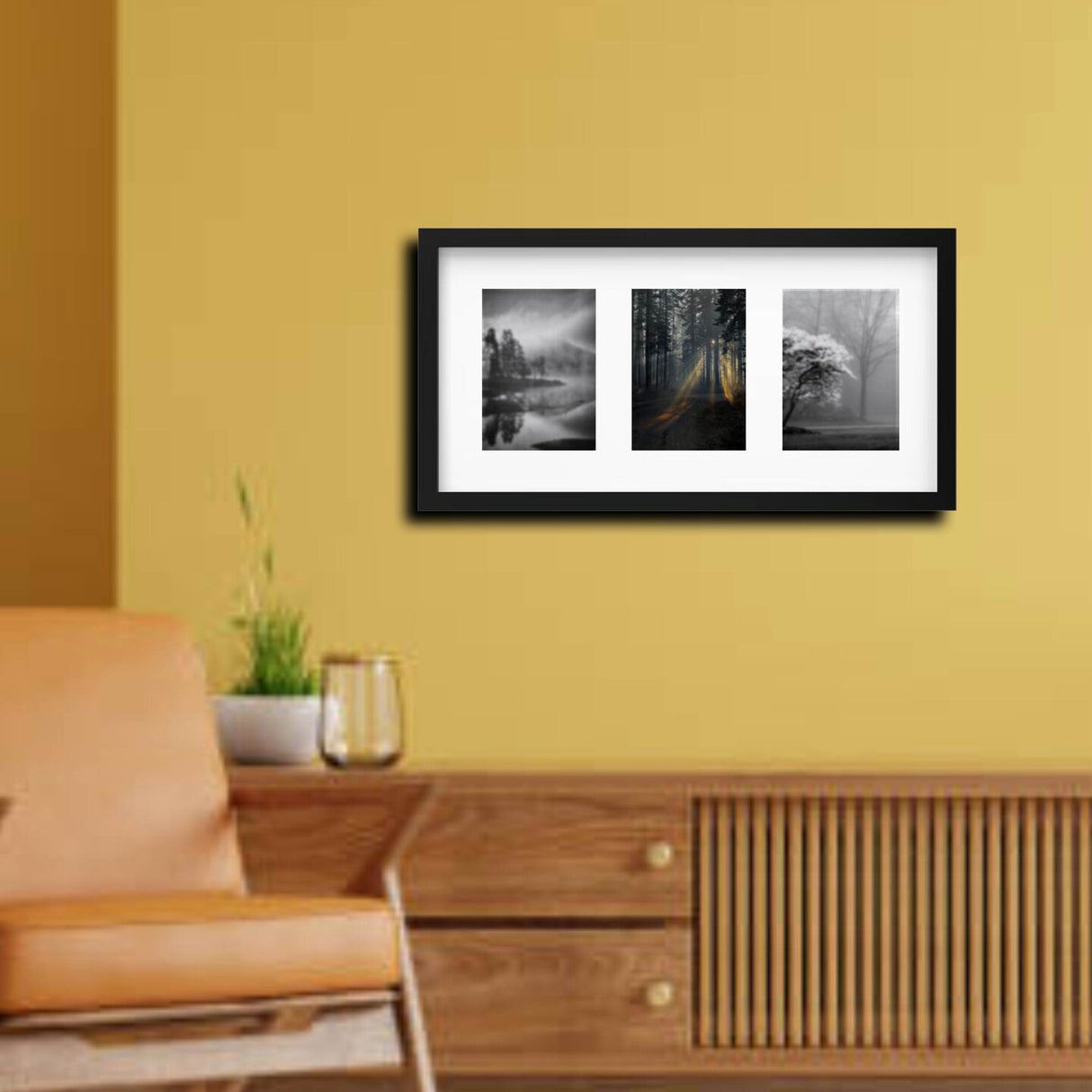 Black 3-Photo Frame 21¾" x 11" with Mount & Safe Plastic Front – Flexible Hanging with ALFTA Adhesive Hook