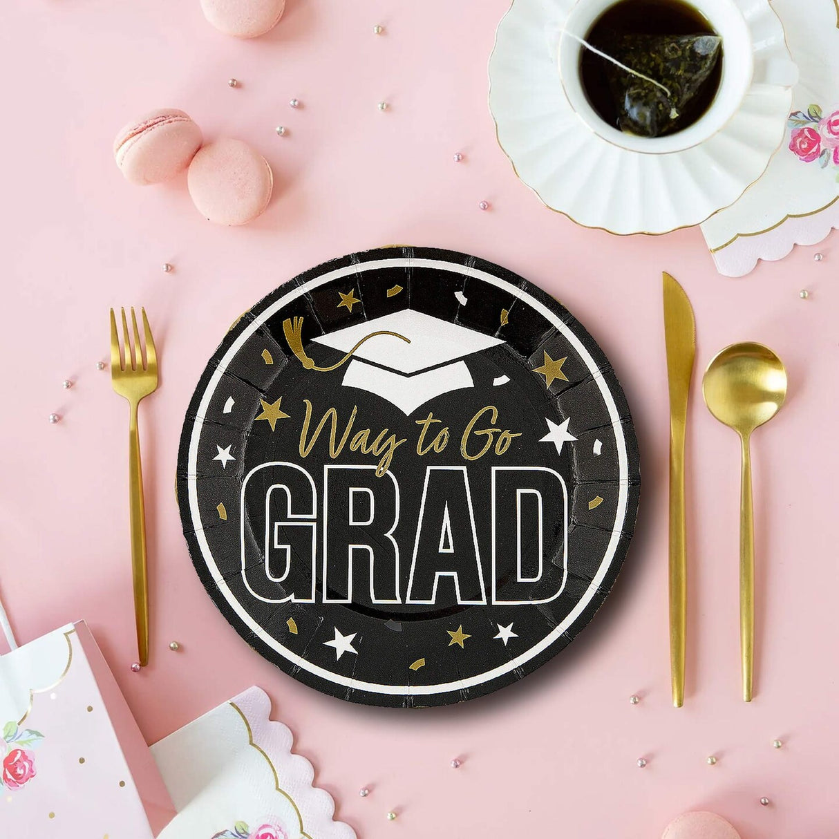 25 Count Black Way to Go Grad Dessert Plates Graduation Party Paper Celebrations 7 1/4 Inch