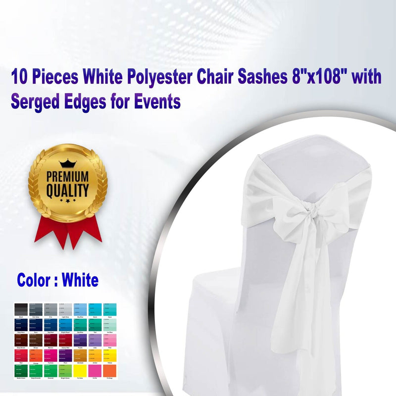 10 piezas fajines para silla de poliéster blanco, 8"x108", con bordes remallados para eventos