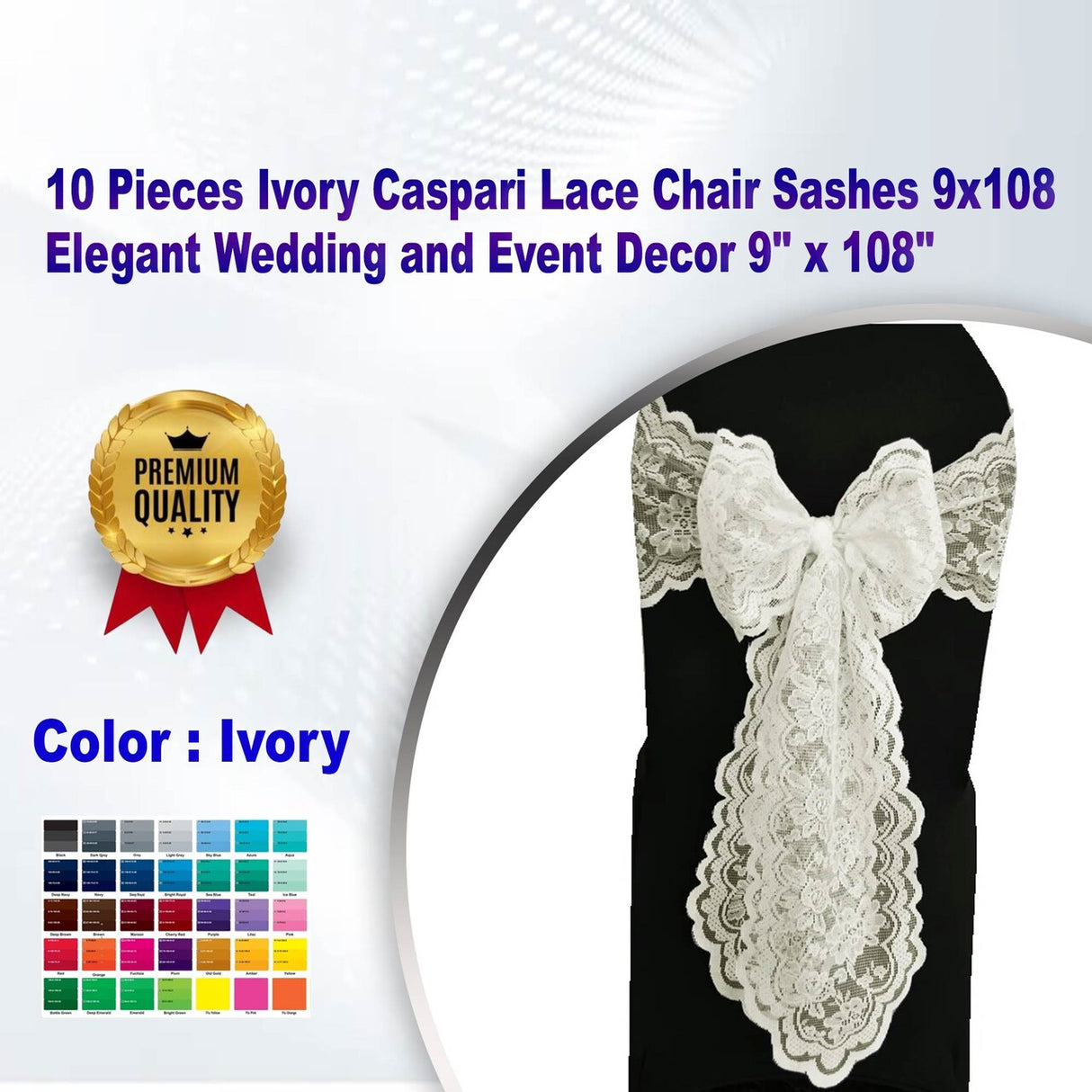 10 Pieces Ivory Caspari Lace Chair Sashes 9x108 Elegant Wedding and Event Decor 9" x 108"
