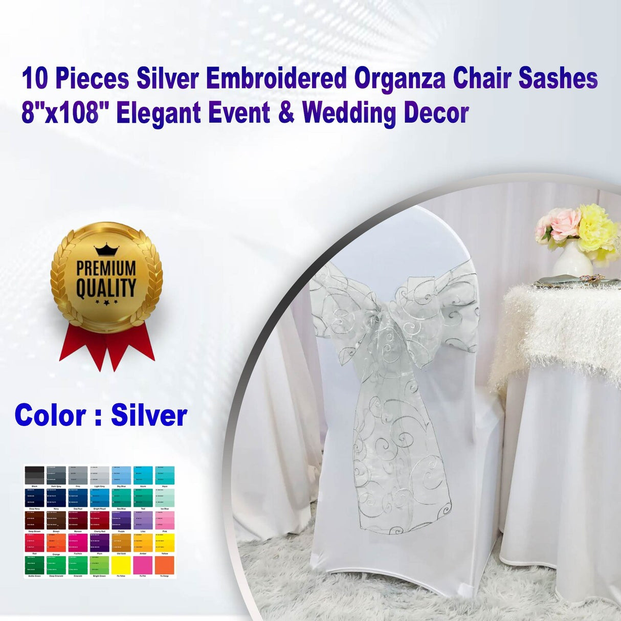10 Pieces Silver Embroidered Organza Chair Sashes 8"x108" Elegant Event & Wedding Decor