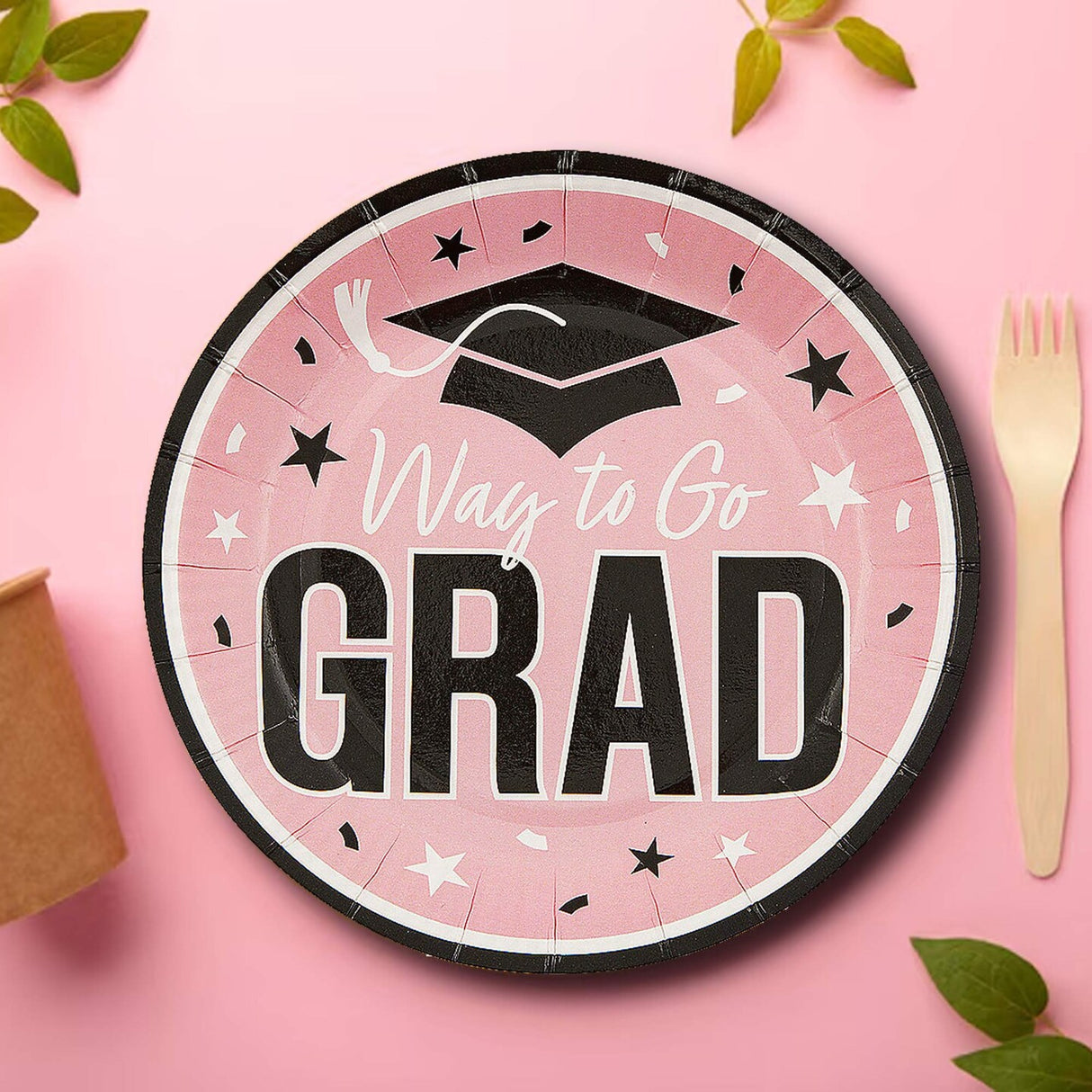 25 Count Pink Way to Go Grad Disposable Dessert Plates 7 1/4 Inch Graduation Supplies