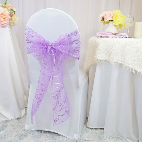 10 Pieces Lavender Embroidered Organza Chair Sashes Sheer Decorative Wedding Chair Bows 8"x108"