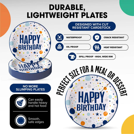 50 Count Blue Birthday Print Paper Plates 7 Inch Disposable Party Celebrations