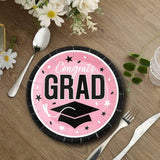 25 Count Pink Congrats Grad Plates 9 Inch Round Disposable Supplies for Graduation Parties