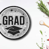 25 Count Silver Graduation Paper Plates 9 Inch Congrats Grad Round Party Dinnerware Set