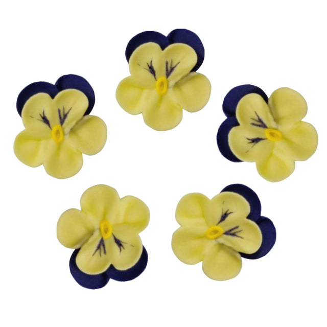 O'Creme Yellow with Purple Trim Pansy Royal Icing Flowers, Set of 16