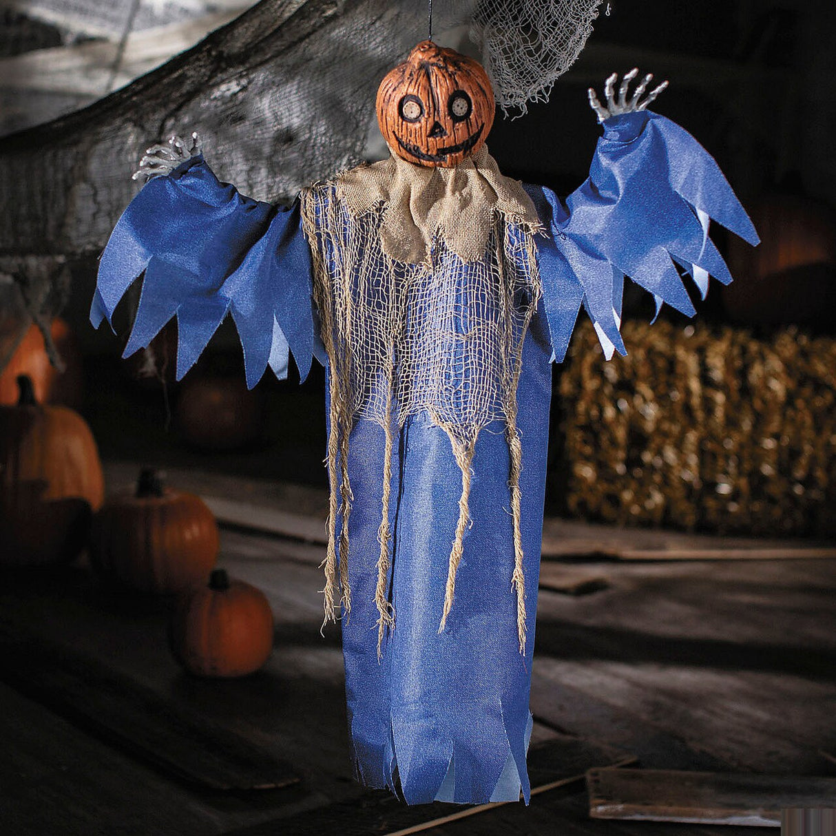 27 1/2" Hanging Blue &amp; Burlap Pumpkin Man Halloween Decoration