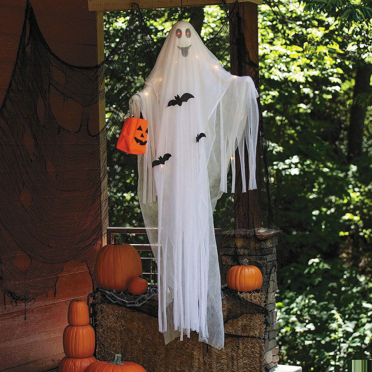 5 Ft 10 3/4" Hanging Light Up Ghost with Pumpkin Bag Halloween Decoration