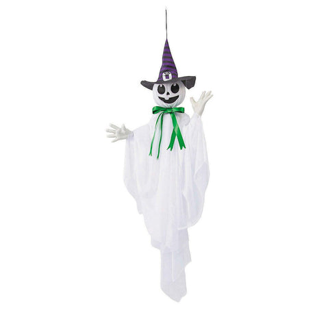 39 1/4" Animated Hanging Smiling Ghost with Witch Hat and Green Bow Halloween Decoration