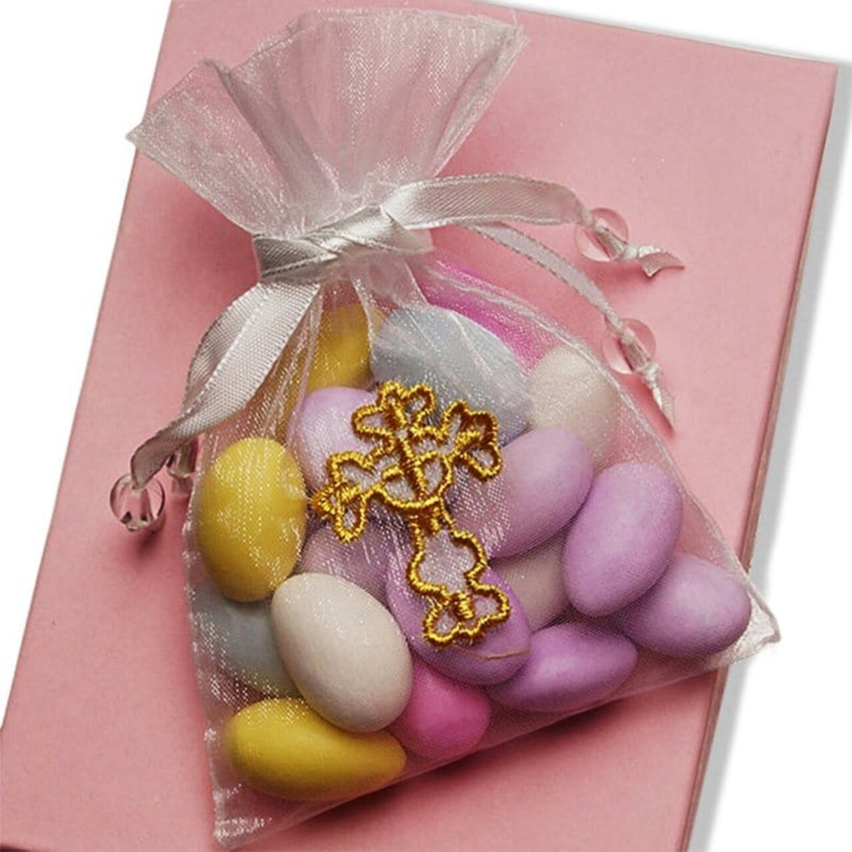 Golden Cross Embroidered Organza Bags 3 1/4'' x 4 3/4'' Gifts