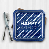 8 Count Happy Birthday Blue & Silver Square Paper Dinner Plates 9.25" Stylish Disposable Party Plates