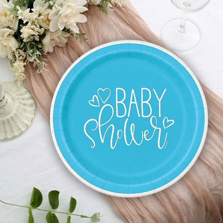 8 Count Blue Hearts Baby Shower Paper Dessert Plates 7 Inch Disposable Tableware for Boys Celebration