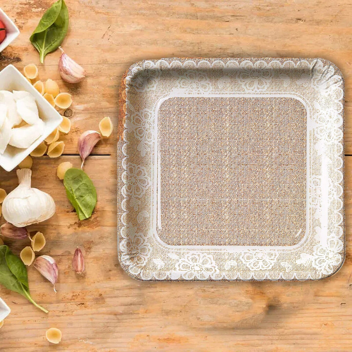 8 Count Burlap and Lace Square Paper Dessert Plates 7 Inch Print Plates & Bowls