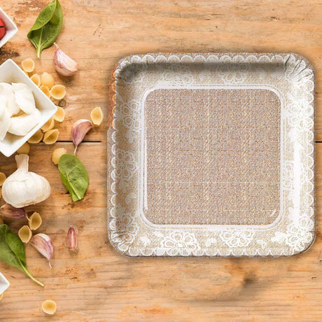 8 Count Burlap and Lace Square Paper Dessert Plates 7 Inch Print Plates & Bowls