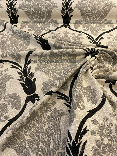 Lyra Linen Teflon Fabric - Black Gray Damask, 57" Width (1 Yard)