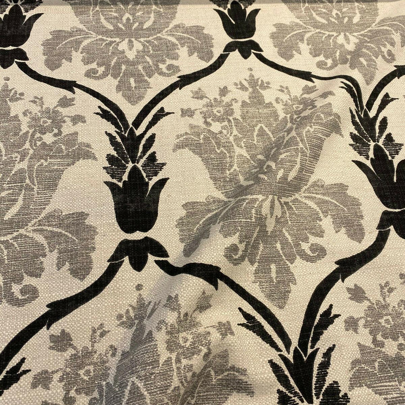 Lyra Linen Teflon Fabric - Black Gray Damask, 57" Width (1 Yard)