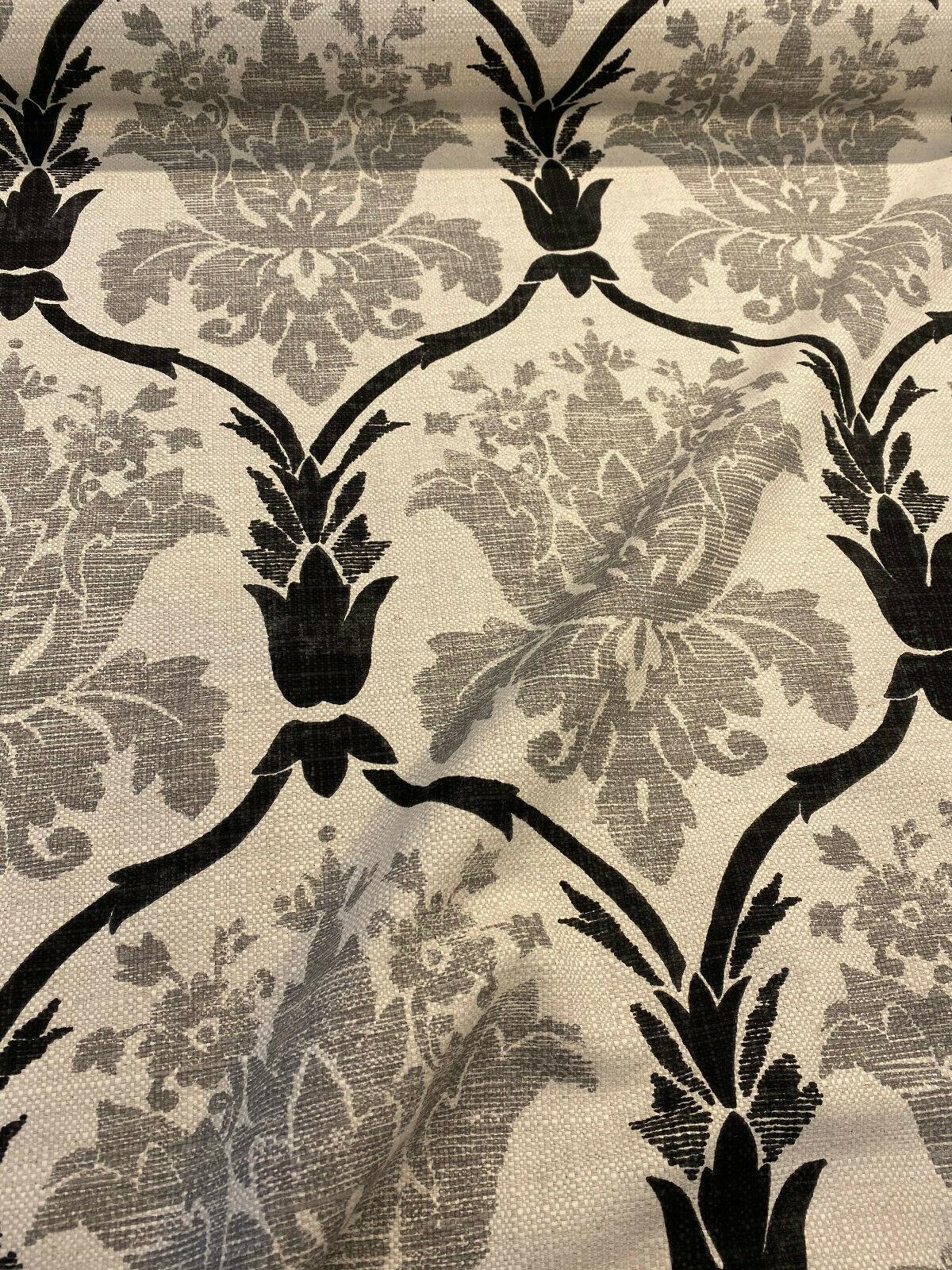 Lyra Linen Teflon Fabric - Black Gray Damask, 57" Width (1 Yard)