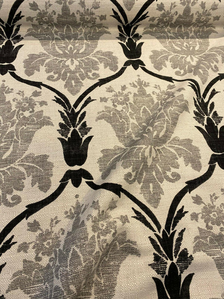 Lyra Linen Teflon Fabric - Black Gray Damask, 57" Width (1 Yard)