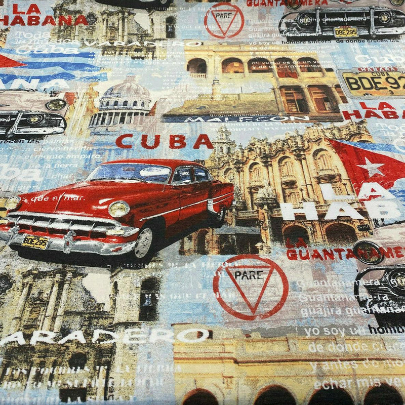 Cuba La Habana Musica Cotton Duck Fabric - Beige, Blue, Red, White, Black, Yellow, Gold Print, 54" Width (1 Yard)