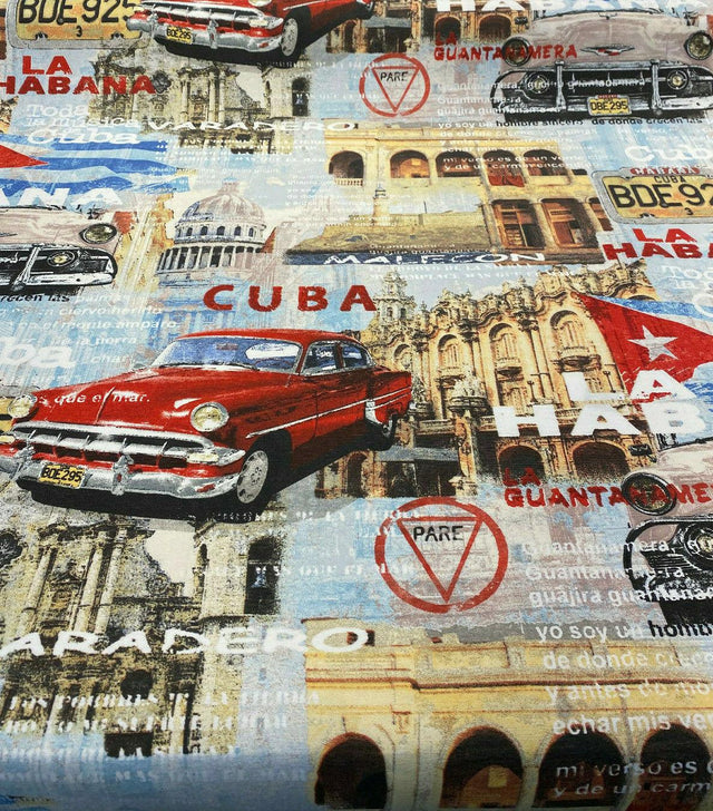 Cuba La Habana Musica Cotton Duck Fabric - Beige, Blue, Red, White, Black, Yellow, Gold Print, 54" Width (1 Yard)