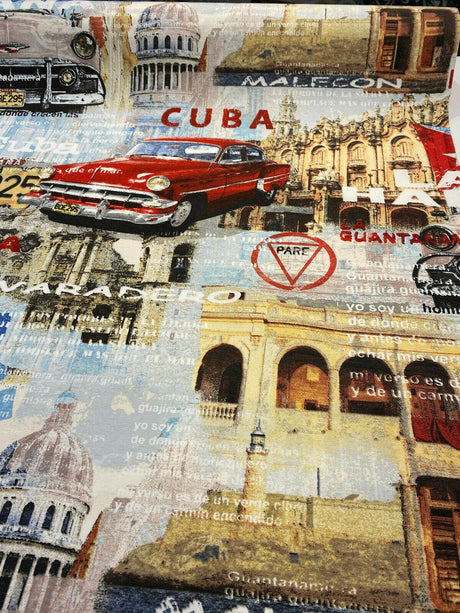 Cuba La Habana Musica Cotton Duck Fabric - Beige, Blue, Red, White, Black, Yellow, Gold Print, 54" Width (1 Yard)