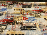 Cuba La Habana Musica Cotton Duck Fabric - Beige, Blue, Red, White, Black, Yellow, Gold Print, 54" Width (1 Yard)