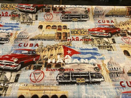 Cuba La Habana Musica Cotton Duck Fabric - Beige, Blue, Red, White, Black, Yellow, Gold Print, 54" Width (1 Yard)