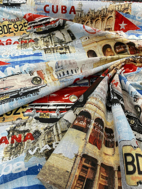 Cuba La Habana Musica Cotton Duck Fabric - Beige, Blue, Red, White, Black, Yellow, Gold Print, 54" Width (1 Yard)