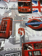 London Tower Bridge Britain Cotton Duck Fabric - Red, Blue, White, Black, Gray, Gold Print, 54" Width (1 Yard)