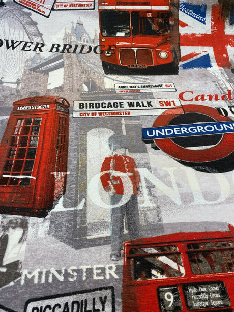 London Tower Bridge Britain Cotton Duck Fabric - Red, Blue, White, Black, Gray, Gold Print, 54" Width (1 Yard)
