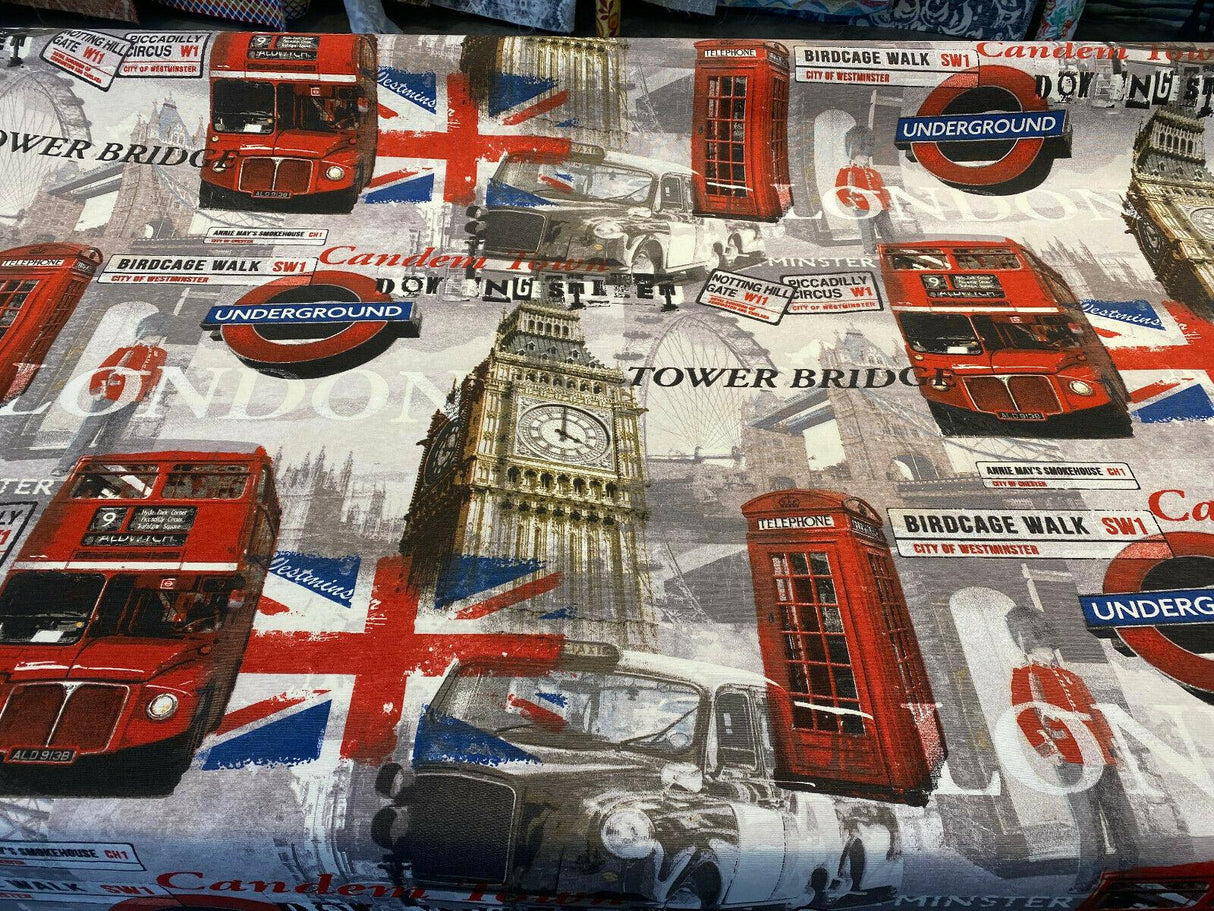 London Tower Bridge Britain Cotton Duck Fabric - Red, Blue, White, Black, Gray, Gold Print, 54" Width (1 Yard)