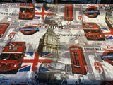 London Tower Bridge Britain Cotton Duck Fabric - Red, Blue, White, Black, Gray, Gold Print, 54" Width (1 Yard)