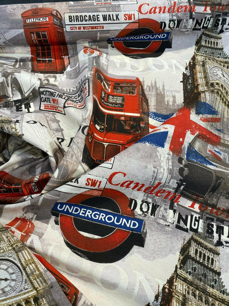 London Tower Bridge Britain Cotton Duck Fabric - Red, Blue, White, Black, Gray, Gold Print, 54" Width (1 Yard)