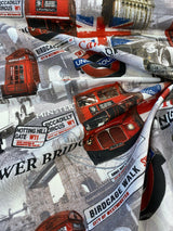 London Tower Bridge Britain Cotton Duck Fabric - Red, Blue, White, Black, Gray, Gold Print, 54" Width (1 Yard)