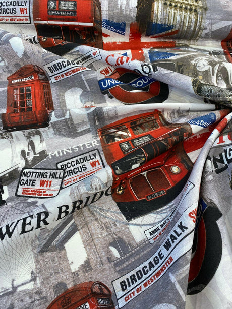 London Tower Bridge Britain Cotton Duck Fabric - Red, Blue, White, Black, Gray, Gold Print, 54" Width (1 Yard)