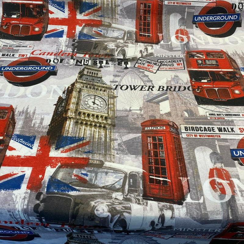 London Tower Bridge Britain Cotton Duck Fabric - Red, Blue, White, Black, Gray, Gold Print, 54" Width (1 Yard)