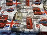London Tower Bridge Britain Cotton Duck Fabric - Red, Blue, White, Black, Gray, Gold Print, 54" Width (1 Yard)