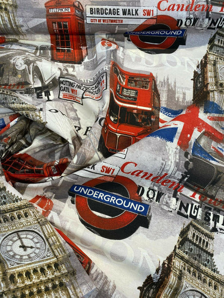 London Tower Bridge Britain Cotton Duck Fabric - Red, Blue, White, Black, Gray, Gold Print, 54" Width (1 Yard)