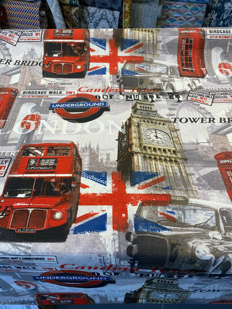 London Tower Bridge Britain Cotton Duck Fabric - Red, Blue, White, Black, Gray, Gold Print, 54" Width (1 Yard)
