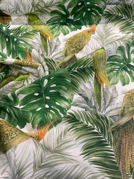 Aracua Birds Floral Green Branches Cotton Fabric - Green, Floral Birds And Branches, 54" Width (1 Yard)