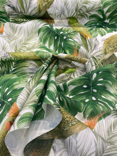Aracua Birds Floral Green Branches Cotton Fabric - Green, Floral Birds And Branches, 54" Width (1 Yard)