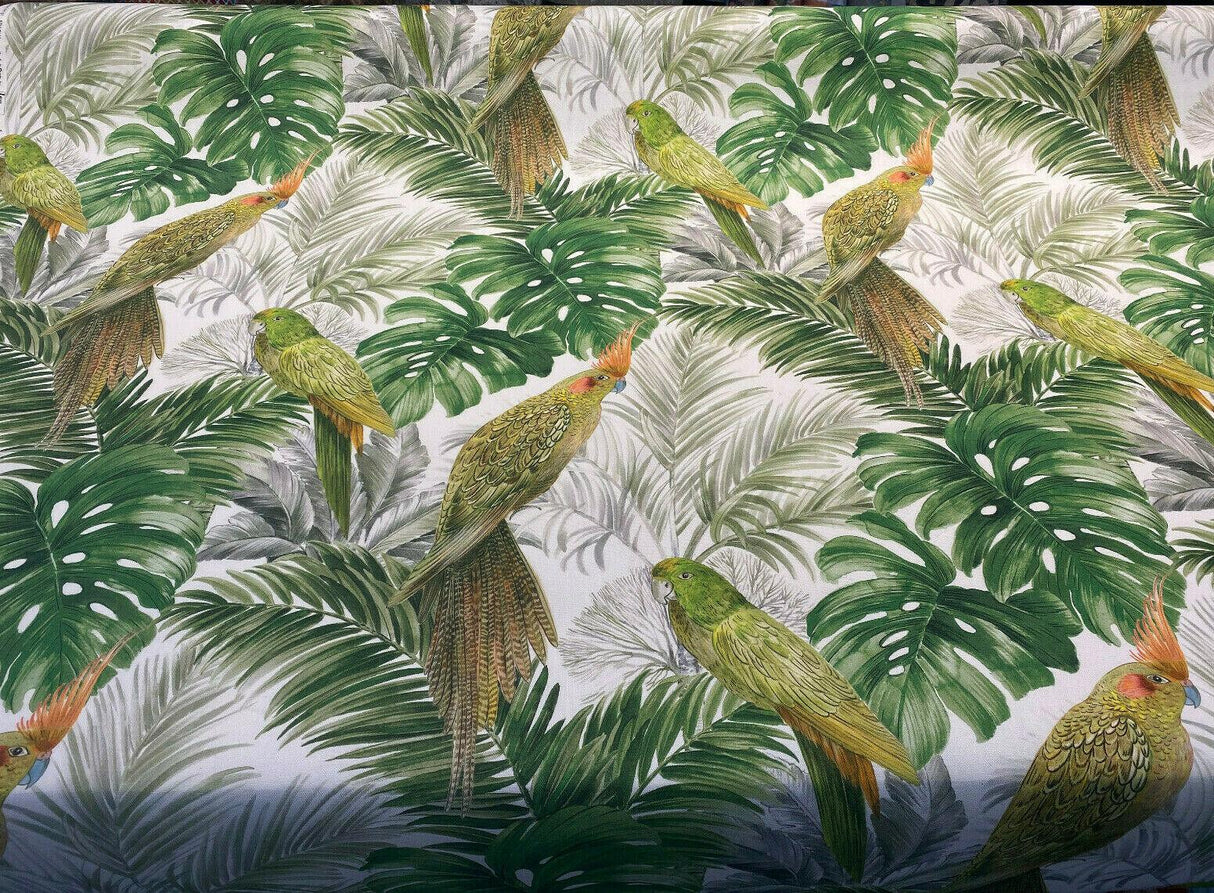 Aracua Birds Floral Green Branches Cotton Fabric - Green, Floral Birds And Branches, 54" Width (1 Yard)