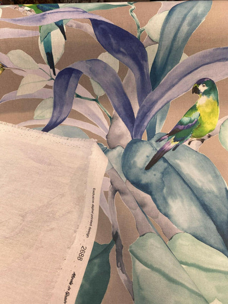 Green Birds Blue Floral Branches 100 Percent Cotton Fabric - Blue, Gray Floral Branches, 54" Width (1 Yard)
