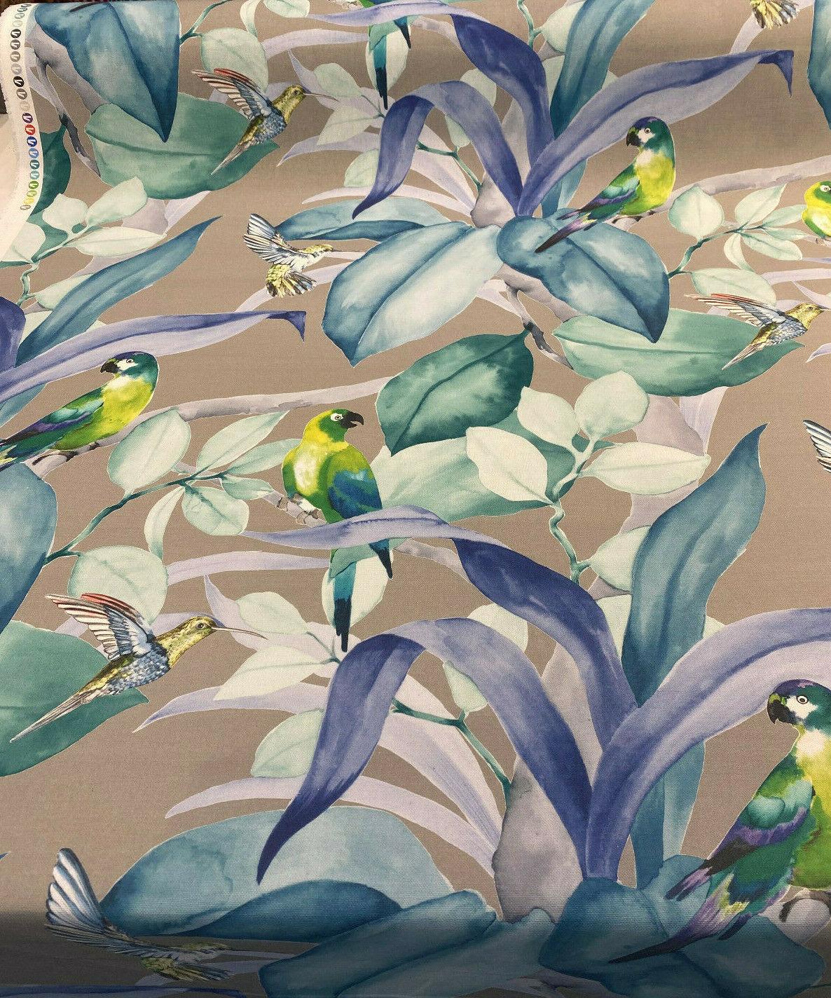 Green Birds Blue Floral Branches 100 Percent Cotton Fabric - Blue, Gray Floral Branches, 54" Width (1 Yard)
