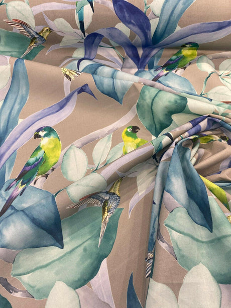 Green Birds Blue Floral Branches 100 Percent Cotton Fabric - Blue, Gray Floral Branches, 54" Width (1 Yard)